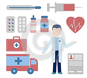 Doctor, pills, ambulance, syringe, thermometer, heartbeat, medicine.